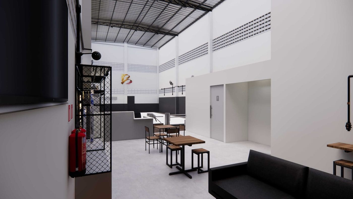Render da área de convivência e recepção