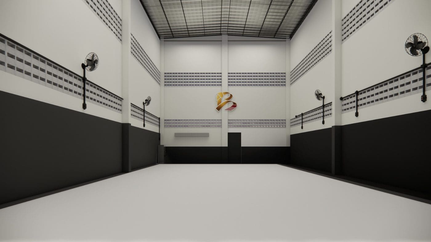Render do tatame com a marca na parede